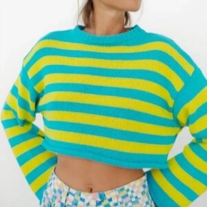 Zara Striped Distressed Knit Cropped Sweater Size: Small